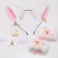 White cat ear cosplay set with pink bows, bells, lace choker, and plush wristbands - White Pink Inner Cat Ears + Wristbands + Choker