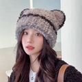 Gray knitted bear ear hat with black stripes and thick fleece material for women - Fur Yarn Edging-Grey