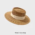 Chapeau de paille à haut plat kaki de style français avec ruban crème pour le soleil - Réglable (54-58cm) / Khaki Ruban Beige (1687)