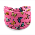 Pink bohemian stretchy headband featuring vibrant multi-color butterfly patterns - Style 58