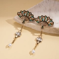 Pendientes de abanico dorados vintage con gemas de colores y perlas blancas - Poste de pendiente de plata - Colorido