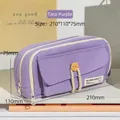 Large capacity canvas pencil case in taro purple with double zippers and button detail - Taro Purple