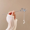 Silver flower hairpin with butterfly wings and pearl tassels for traditional hairstyles - 181# Rhinestone Flower