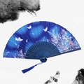Traditional Chinese folding fan in dark blue with butterfly print and matching tassel - Butterflies Flying - Blue Handle