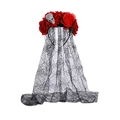 Cerchietto gotico di Halloween con rose rosse, teschio piccolo e velo in pizzo nero - Rosa Rossa Teschio