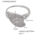 Size 7 leaf-shaped ring in stainless steel featuring sparkling 5A zircon micro-pave - A724-Silver Color Leaf Zirconia Open Ring
