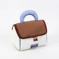 Quilted color-block house-shaped storage bag with blue handle and dog patch detail - Brown