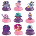 Set of 9 space-themed honeycomb centerpieces with astronauts and colorful rockets - Honeycomb Centerpieces (Set of 9)