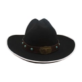 Cappello da cowboy in feltro nero con perle turchesi e fibbia a testa di toro antica - Taglia unica / Nero con bordo bianco (Testa di toro turchese)
