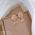 Detail of flower earring with pink zircon petals and golden base on a jewelry box - Copper/Zirconia/S925 Silver Pin / Pink Flower Stud Earrings (S925 Silver Pin)