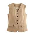 Damen Slim Fit Weste mit V-Ausschnitt und einreihigen Knöpfen in Khaki aus Anzugstoff - Khaki