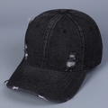 Detail of distressed black denim baseball cap with vintage frayed edges and side tags - M (56-58cm) / Black