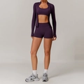 Three-piece seamless dark purple workout set with high waist shorts and zip jacket - S / Jacket + Bra + Shorts / Plum Purple