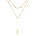 Gold stainless steel double layer Y necklace with white pearl and letter I pendant - Letter I Style (NC-1930G-I)