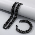 Ensemble collier et bracelet à mailles gourmette en acier inoxydable noir poli - 13mm / Bracelet 20CM / Noir