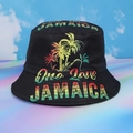 Black reversible bucket hat with colorful JAMAICA palm tree print and One Love text - M (56-58cm) / Colorful Coconut Tree