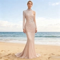 Elegante abito da sera a sirena monospalla con paillettes champagne e collo alto - S / Albicocca