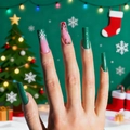 Uñas postizas navideñas con purpurina verde y copos de nieve en puntas cuadradas largas - Patrón de Bayas y Copos de Nieve Verde Bosque - Estilo Pegamento de Gelatina (SGCY-648)