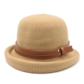 Detail of camel knit bucket hat featuring brown leather strap and silver metal buckle - M (56-58cm) / Camel
