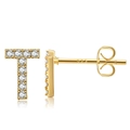 Detailed close-up of T-shaped gold stud earring with sparkling pavé cubic zirconia - Style T