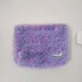 Fashionable leopard print plush makeup bag in purple and blue faux fur with logo label - Makeup Bag / Purple Leopard