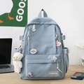 Zaino scolastico azzurro ad alta capacità con spille cartoon e ciondolo a orsetto - Blu (Senza accessori)