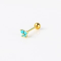 Close-up of golden stainless steel ear stud with turquoise blue flower and ball back - Turquoise