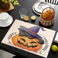 Linen Halloween place mat featuring a black cat, pumpkin, and Happy Halloween text - Style 1