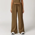 Women's dark olive wide-leg drawstring pants set with matching crop top and elastic waist - Coffee