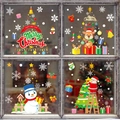Christmas window decals set featuring cartoon Santa, elk, and snowman on glass pane - Set of 4 (Snowman/Christmas Tree/Reindeer/Greeting)