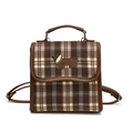Retro plaid backpack in deep brown with embroidered dachshund pattern and faux leather trim - Dark Brown