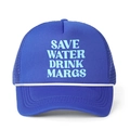 Cappellino trucker blu con stampa Save Water e corda bianca su sfondo bianco - Tutto Blu Reale