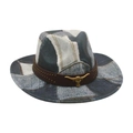 Western patchwork denim cowboy hat with metal longhorn skull and studded leather strap - One Size / Black