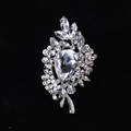 Silver alloy brooch with pear-shaped crystal and floral rhinestone detailing - MM-BR-0032 / Silver