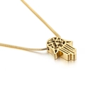 Golden Hamsa hand pendant necklace with intricate hollow pattern on a sleek snake chain - Gold Hamsa Hand Style (KN107661-KFC) / Gold