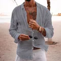 Men's casual long sleeve linen shirt in medium grey color with a classic stand collar - S / Light Gray