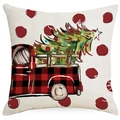 Funda de cojín navideño con camión de cuadros rojos y árbol en algodón lino - Camión de Cuadros Rojo con Árbol de Navidad / 45*45cm Lino Una Cara (Sin Núcleo)
