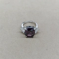 Three-stone open ring with deep purple cushion-cut gem and clear triangular zircons - Rectangular Open Ring / Silver Tone Purple Zirconia