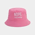 Detail of pink cotton bucket hat with white 'NOPE. not today' embroidery and metal eyelets - One Size / Rose Red