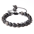Detail of grey labradorite stone beads with adjustable handmade braided black rope - Flash Stone (Labradorite)