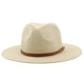 Sombrero de paja Panamá clásico beige con cinturón de cuero marrón fino y remaches metal - M (56-58cm) / Beige