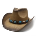 Brown western straw cowboy hat with turquoise bead band and vintage metal buckle - Khaki Brown