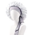 Elastic satin sleep cap for long hair in elegant white and light grey color block - Silver