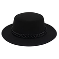 Detail of a black wool felt flat top boater hat with a glossy chunky chain decoration - Black With Natural Acrylic Chain