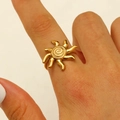 Chic gold stainless steel sun ring with spiral texture on female finger - 18K Gold Plated Spiral Sun (9375)