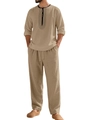 Men's khaki cotton linen henley shirt and drawstring pants set in breathable fabric - S / Khaki