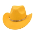 Detailed view of yellow wool cowboy hat with white pearl decorative band and brim - One Size / Yellow