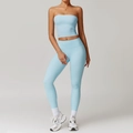 Ensemble de yoga bleu clair à taille haute avec tissu brossé et haut bandeau - Gilet 8793 + Pantalon 8519 Bleu Ciel / S