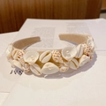 Baroque headband with natural shells and white pearls on a creamy fabric base - Style F (Beige Wide Pearl Shell)