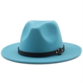 Detailed macro view of cyan wool fedora hat with black leather belt and metal buckle - M (56-58cm) / Lake Blue